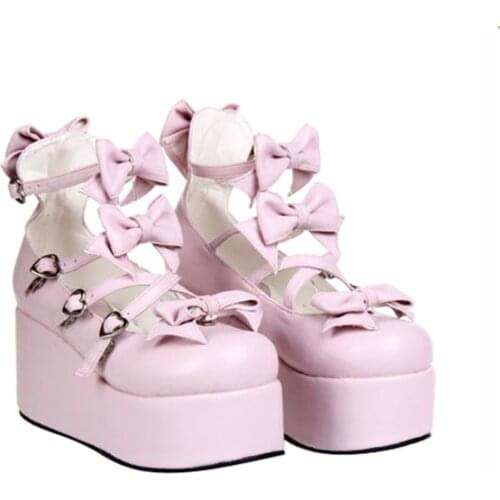 Womens Bowknot Mary Jane Girls Sweet Lolita Wedge Heels Platform Round Toe Shoes Cross-straps Oversize Cosplay Pumps New 2021