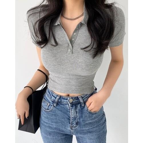 2021 Summer Womens T Shirt Top Korean Button Turn-down Collar Skinny Tee Shirts Femme Solid Short Sleeve Slim Elastic Tops Tees