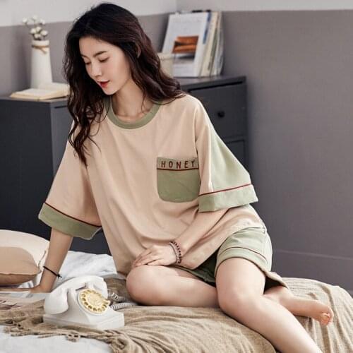 Round Collar Women Pyjamas Summer Cartoon Night suit Casual Nightwea Pajamas Set Cotton Home Wear