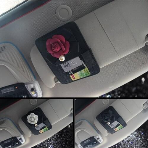 Camellia Flower Leather Car Sun Visor Clip for Sun Glasses Sunglasses Credit Card Pen Holder Storage Bag Fastener Clip Women