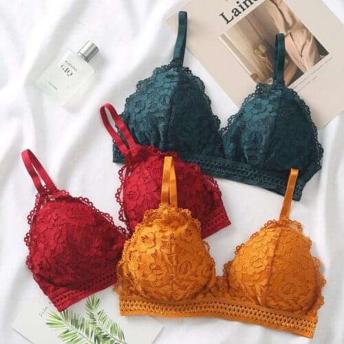 Women Floral Lace Bra Triangle Cup Bralette Deep V Thin Strap Wireless Brassiere Sexy Lingerie Push Up Bras For Women Underwear