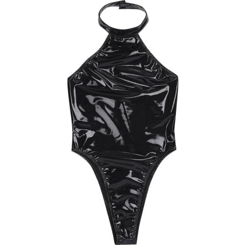 Womens Femme Bodystocking High Cut Wetlook Patent Leather Backless Bodysuit for Night Clubwear Body Latex homme Skinny Bodycon