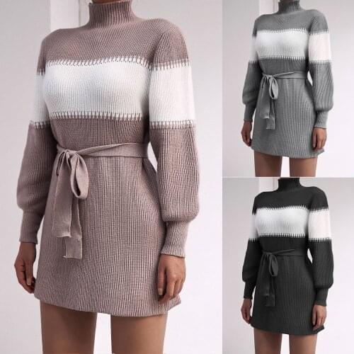 Zoulv 2020 New Style Slim Commuter Long-sleeved Casual Color Matching Half-high Neck Knitted Lace-up Warm Sweater Dress Women