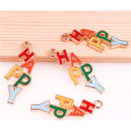 10pcs/lot 28*11mm Alloy Enamel Drop Oil Happy colorful letter golden Pendant Findings Charms for DIY Necklace Accessories Making