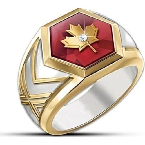 2020 Trendy Maple Leaf With Crystal Red Mens Ring For Engagement Party Wedding Jewelry Hip Hop Hand Accessories Size 6-13