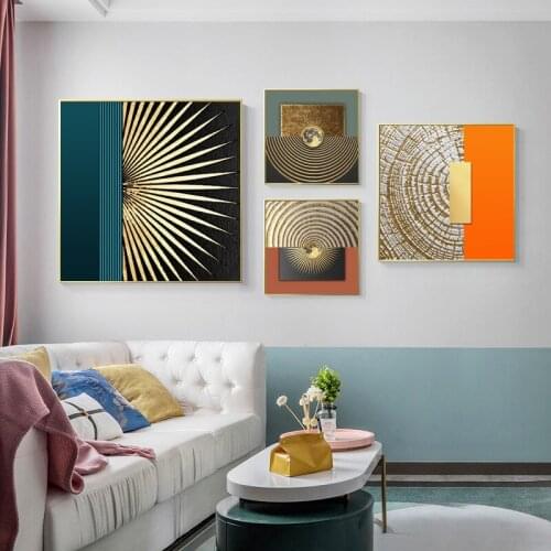 Abstract Golden Tree Ring Lines Canvas Painting Colorful Background Wall Art Picture Poster and Print for Living Room Home Decor