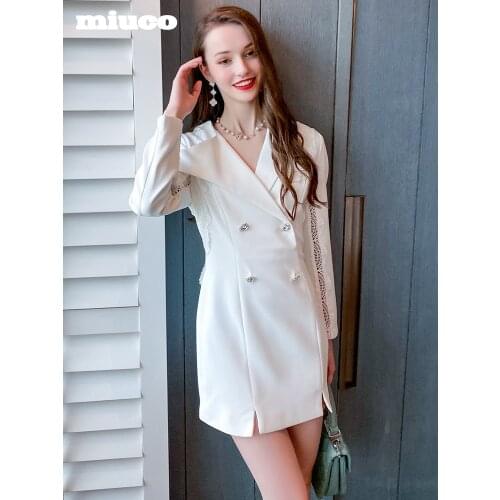 Asymmetric suit collar stitching cut out lace edge waist split dress 2021 Spring new High Quality Top Quality