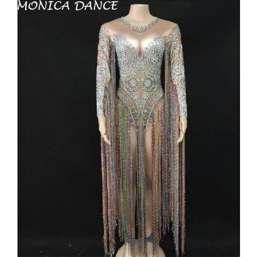 Women Sexy Stage Tassel Evening Party Rhinestones Fringes Birthday Celebrate Bodysuit Female Singer Dance Stage Leotard