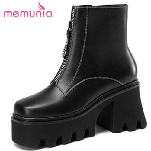 MEMUNIA 2022 Genuine Leather Boots Zipper Platform Ankle Boots Thick Heels Causal Women Boots Winter Hand Made Fashion Shoes