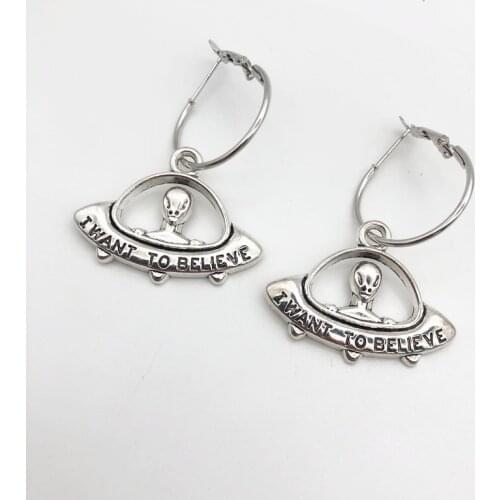 Alien Spaceship UFO Gothic Dangle Earring Planet Space Jewelry Saturn Hoop Eardrop Gift For Science Lovers
