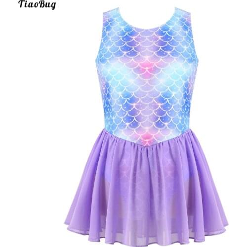 TiaoBug Kids Girls One-Piece Swimwear Fish Scales Print Jumpsuit Bodysuit Rashguard With Mesh Skirt Hem For Beach Pool Bathing