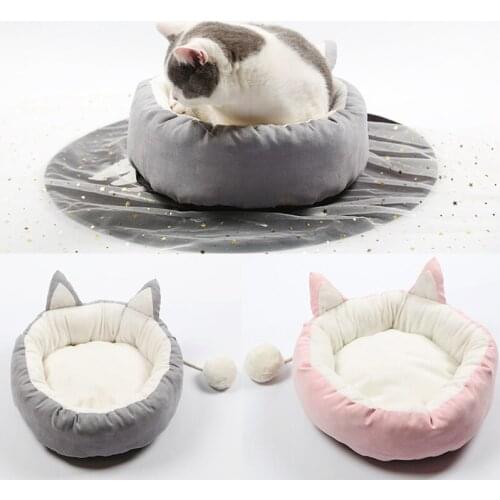 Cute Cat Ear Pet Bed Kittens Winter Warm Supplies Dog Cute Plush Sleeping Soft Waterproof Round Kennels Cushion Nest Dogs Cats
