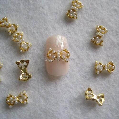 MD-649 10pcs Fancy Pearl Gold Bow Deco Metal Charms Metal Deco Charms Nail Art