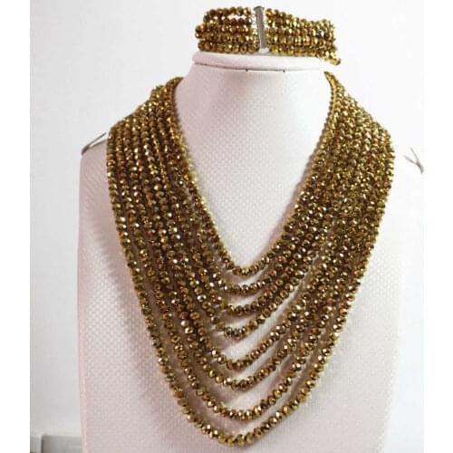Fashion gold-color crystal glass 4x6mm beads jewelry set 8 rows chain necklace 5 rows bracelet beads B848