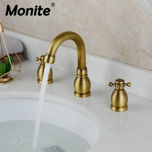 Monite Antique Brass 3 Pcs Bathroom Bathtub Basin Faucet 2 Handles Swivel Deck Mount Faucet Stream Deck Mounted Basin Mixer Tap