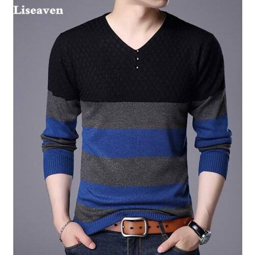Liseaven Men Pullover Sweater V-Neck Striped Sweaters Mens Clothing Knitwear