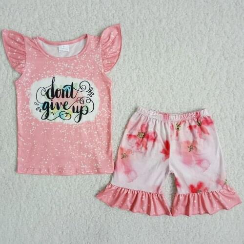 New arrive toddler girl summer clothes pink top letter print and Ink and wash flowers pattern shorts girls 2 pcs