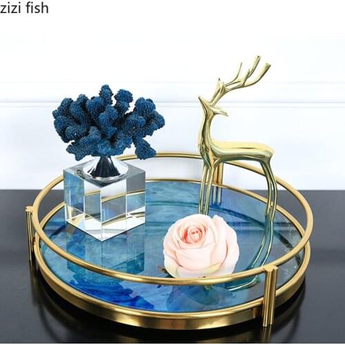 Painted Seascape Trays Decorative Dressing Table Cosmetic Storage Tray Display Plates Agate Texture Metal Shelves Organizer