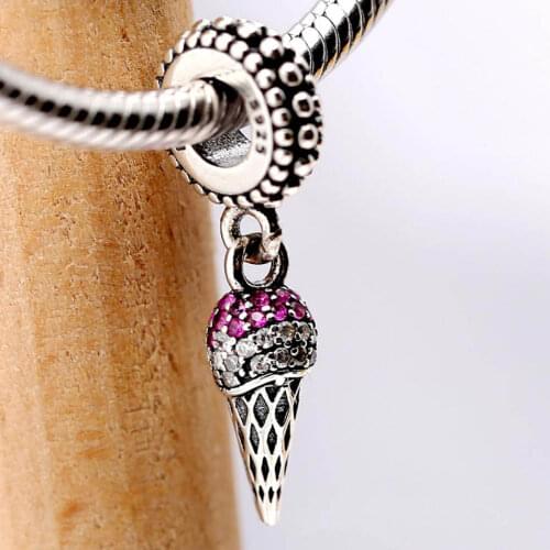 S925 Pendant Bead DIY Jewelry Ice Cream Cone Dangle Charm fit Lady Bracelet Bangle Clear CZ