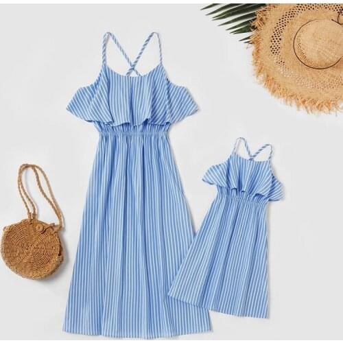 Family look mum mother daughter chiffon dress striped ruffles flower sleeve mommy and me clothes beach Family Matching Outfits