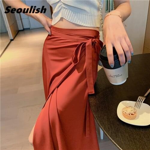 Seoulish Summer 2021 New Elegant Stain Women A-Line Long Skirts Side Split High Waist Fashionable Umbrella Beach Female Skirts