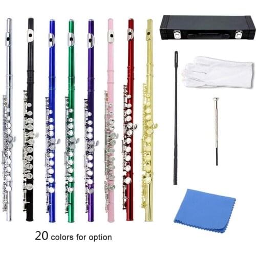 Western Concert Flute Cupronickel Plated Silver 16 Holes C Key Woodwind Instrument with Gloves Mini Screwdriver Padded Case