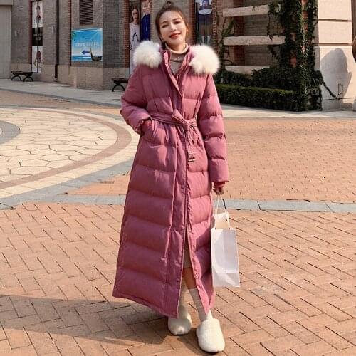 Womens Cotton Jacket 2021 Winter New Plus Long 90% White Duck Down Korean Hooded Big Fur Collar Loose Thick Solid Color Coat 6F