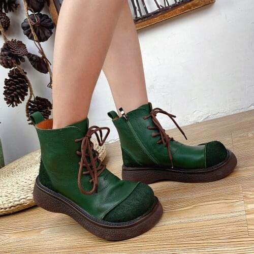 2021 New Autumn Winter Round Toe Flat with Handmade Genuine Leather Shoes for Women Boots Lady Zip Concise Platform Boots Mujer
