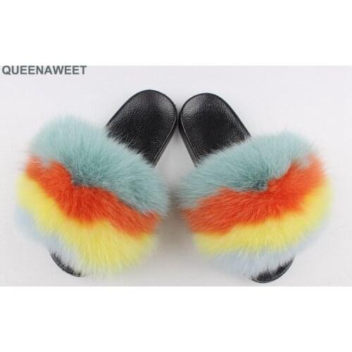 Womens Winter Plush Fox Slippers Open Toe Real Fox Hair Sandals Woman Fur Slides Fluffy Fury Shoes Female Fur Flip Flops Big