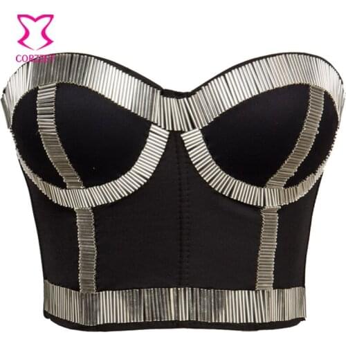 Burlesque Clubwear Silver Beading Bralette With Straps Bras For Women Push Up Bustier Crop Top Brasier Mujer Gothic Lingerie