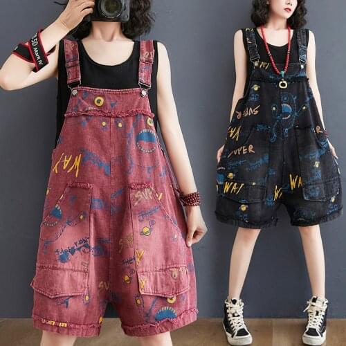 #1535 Black Red Denim Playsuits Women Loose Wide Leg Vintage Playsuits Ladies Big Pockets Printed Overalls For Women Summer 2021