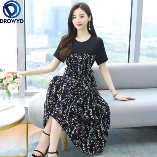 Womens 2021 Summer Dress New Mid-Length Stitching Floral Dress High Waist Dress Summer Woman Dress Vestidos De Mujer Femme Robe