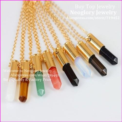 10pcs Mixed Nature Gems Stone Bullet Necklace Blue Sand/Opal/Stone Point Druzy Bullet Pendant metal Plated Casing Necklace