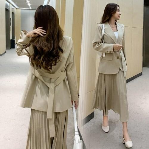 Elegant Women Belted Blazer High Waist Pleated Skirt Two Piece Set Korean Style Office Lady Suit For Workwear