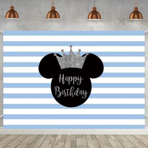 Blue Pink Striped Crown Happy Birthday Photo Background Newborn Baby Shower Cartoon Mouse Photography Backdrops Table Decor