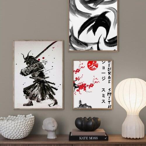 Japan Style Black Kyoto Wall Art Kimono Woman Ink Warrior Canvas Painting Red Sakura Crane Posters and Prints Living Room Decor