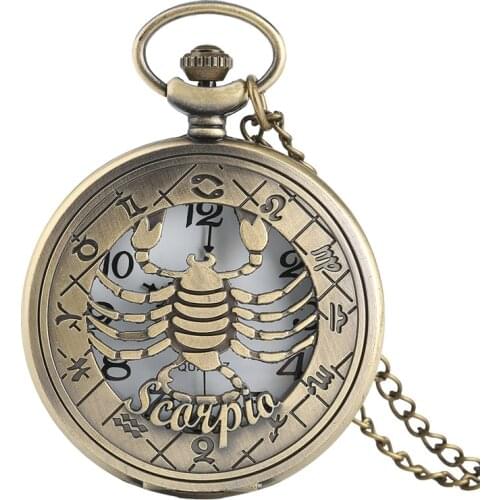 Fashion Twelve Constellations Theme Design Fob Pocket Watch Hollow Scorpio Case Unique Half Hunter Copper Women Men Gift reloj