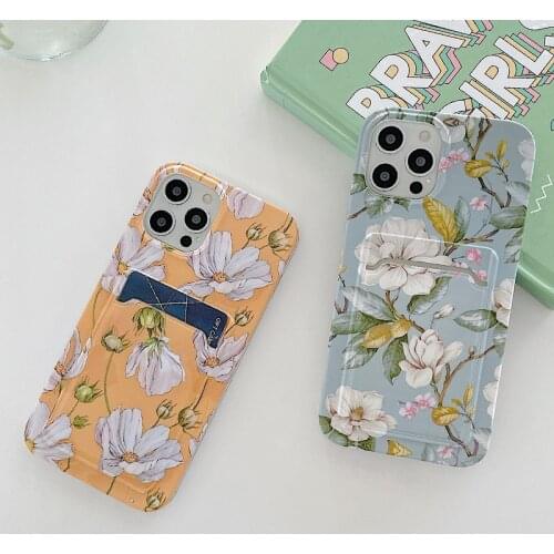Fashion Flower Leaves IMD Phone Case for iPhone 12 11 Pro XS Max XR 8 Plus SE 2020 Card Money Slots Holder Floral Soft TPU Cover
