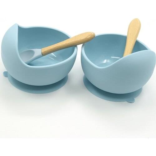Baby Silicone Feeding Set BPA Free Baby Plate Wooden Spoon Suction Bowl Kids Toddler Assist Tableware High Quality Silicone