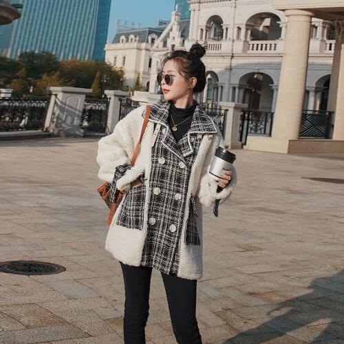 HSTAR 2020 New Autumn Fashion Women Lambs wool Woolen Patchwork Coat Full Sleeve Lapel Collar Wild Casual Loose Thick Warm