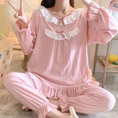 Autumn Winter Knitted Cotton Pajamas Women Princess Style Lace Solid Long-Sleeved Ladies Two Piece Set Sweet Pijama Feminino