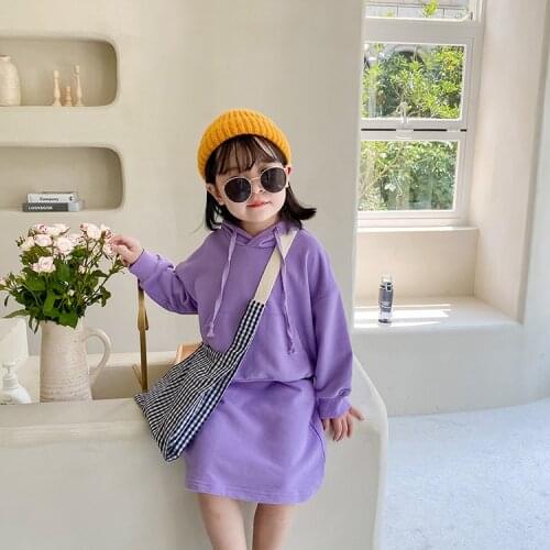 Autumn girls fashion solid color outfits cotton hooded sweatshirt and fashion skirt 2pcs sets 1-7Y