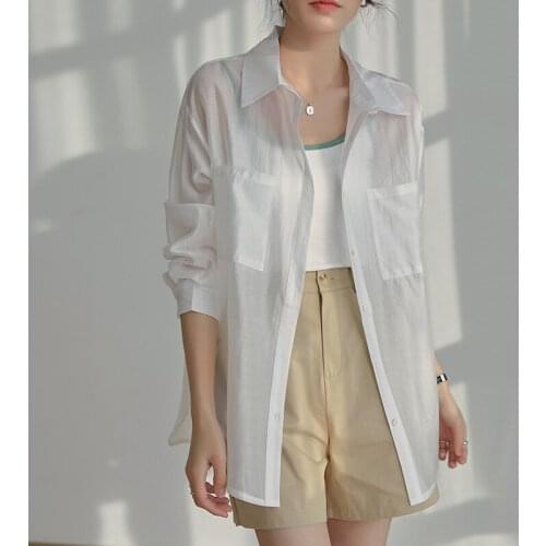 QOERLIN White Transparent Long Sleeve Shirt Female Summer Blouse Plus Size Women Tops and Blouse Elegant Sun Protection Clothing