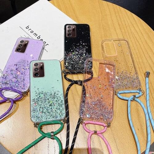 Luxury Bling Glitter Lanyard Silicone Phone Case For Samsung Galaxy S21 S20 FE S10 Note 20 10 9 Plus Ultra-thin Necklace Cover