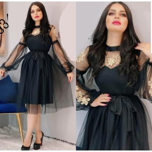 Vintage Long Sleeve Mermaid Short Evening Dresses Black Tea Length Zipper High Neck Abendkleider Formal Party Dress for Women