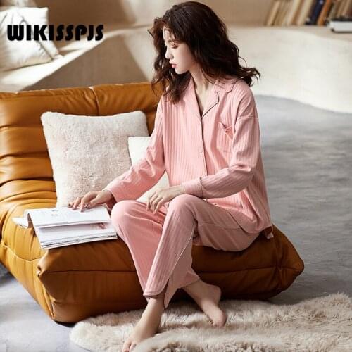 WIKISSPJS Spring Autumn Shirt Pajamas Womens Cardigan Long Sleeve Cotton Loose Fitting Home Suit Pajamas Women Sleepwear