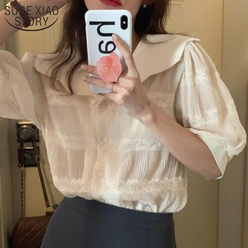 Spring Apricot Short Sleeve Chiffon Women Shirts Korean Style Loose Summer Petal Doll Collar Lapel Lace Blouse Female Tops 15257