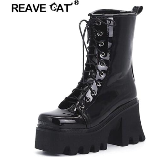 REAVE CAT Shoes women High heels Ankle boots Platform Round toe Patent leather Lace up Solid Black Rose Spring Autumn Winter Hot