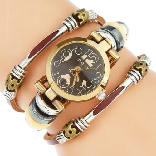 Gnova Platinum Top Genuine Leather Watch Women Black NumbersTriple Bracelet Wristwatch Quartz Fashion Reloj Para Dama B031