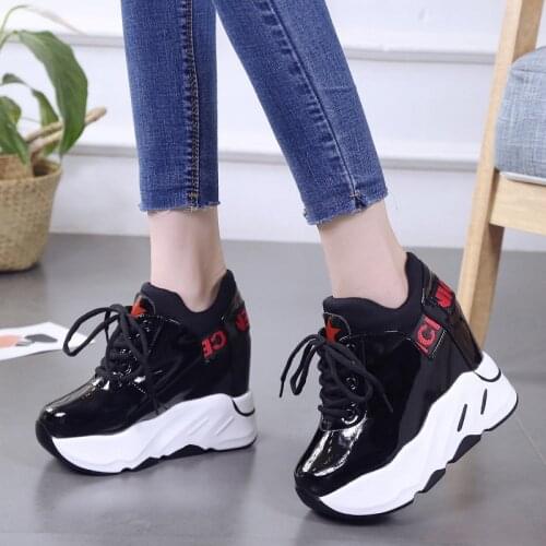 Spring Woman Platform Shoes Wedge Heel 12 CM Casual Shoes Height Increasing White Black Sneakers Women Leather Shoes New 2021